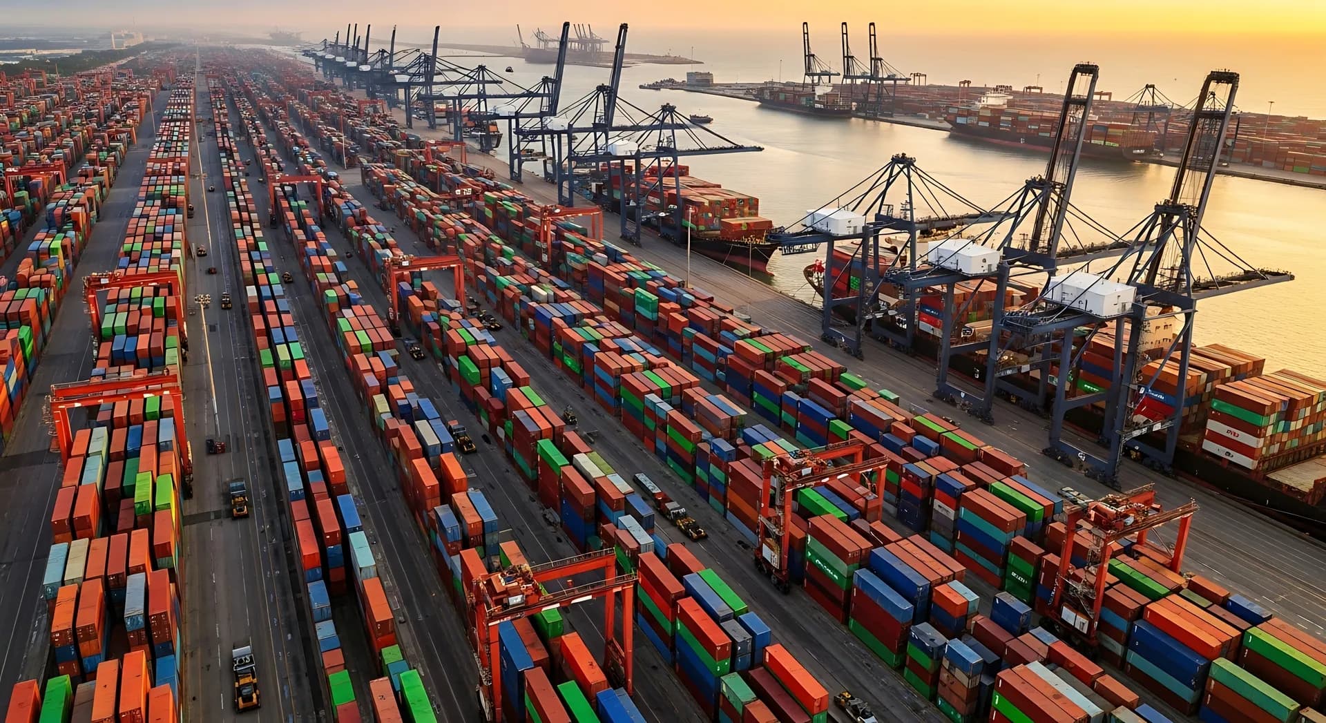 Aerial view of a modern container port with stacked shipping containers and quayside cranes at dusk.